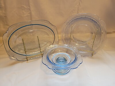 #ad Vintage Federal Madrid Blue Depression Glass Serving Bowl Platter amp; Candy Dish