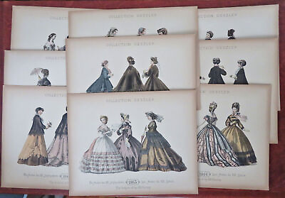 #ad Fashion of the 1860#x27;s Female Fashion prints lot x 9 c. 1898 hand colored