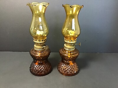 #ad #ad A Pair of Mini Amber Glass Diamond Design Oil Lamps w Crimp Top Amber Globes