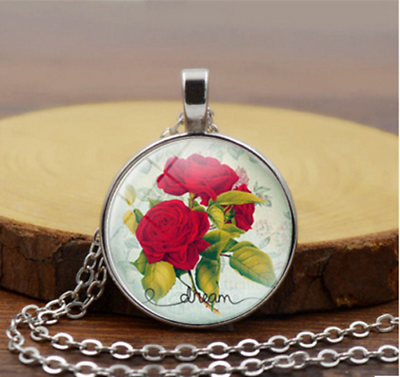 #ad Silver 20quot; Necklace RED ROSE FLOWER MOM female Pendant charm Free box R1190