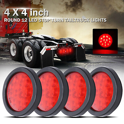 #ad 4PCS 12 LED 4quot; Round Truck Trailer RV Brake Stop Turn Tail Rubber Light Red