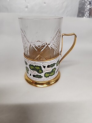 #ad #ad Russian Tea Glass With Holder Vintage Enameled Podstakannik Cut Glass Holly