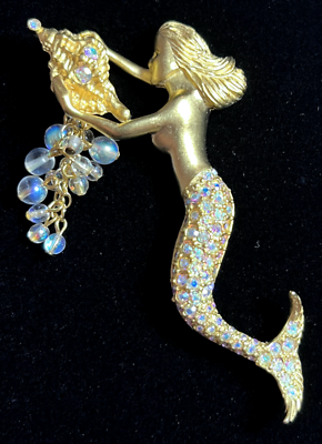 #ad Kirks Folly Oceana Mermaid AB Crystals Conch Shell Gold Tone Signed Rare VTG 90s