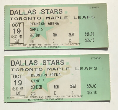 #ad 10 19 96 Toronto Maple Leafs Dallas Stars NHL Game 5 Reunion Arena Ticket Stub