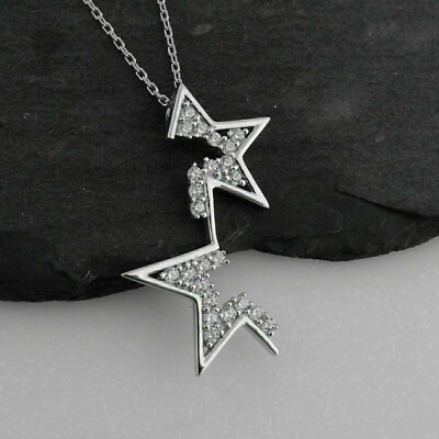 #ad 14K White Gold Gorgeous Double Star Pendant Necklace 1.9Ct Cubic Zircon Gift Her
