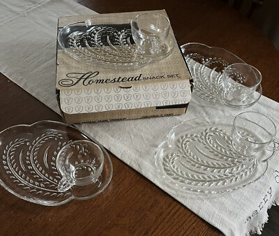 #ad Vintage Federal Glass Co Homestead Snack Set for 4 Cups amp;Plates w Box
