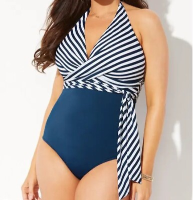 #ad Swimsuits For All One Piece Halter Navy White Stripes Slimming NEW NWT Size 16