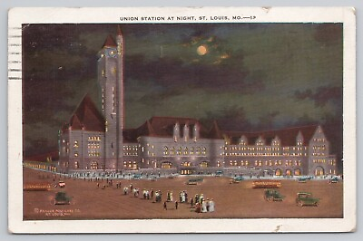 #ad Postcard St Louis MO Missouri Union Train Station At Night Posted 1932