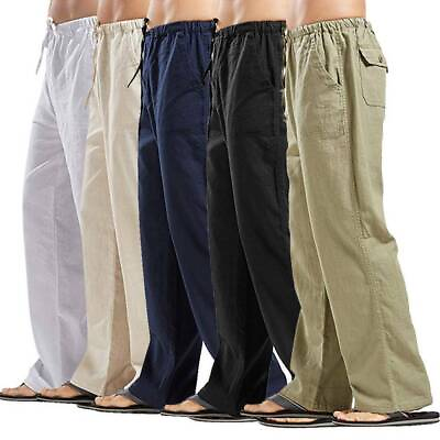 #ad Mens Summer Cotton Linen Pants Drawstring Elastic Waist Wide Leg Loose Trousers