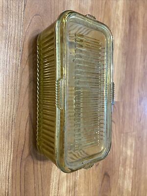 #ad VINTAGE FEDERAL AMBER GLASS RIBBED REFRIGERATOR DISH 8 3 4 X 3 3 4