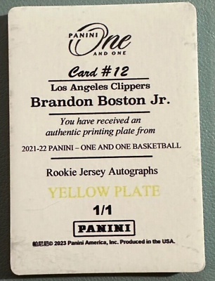 #ad 2021 22 One and One RC Jersey Auto Printing Plate Yellow BRANDON BOSTON JR 1 1