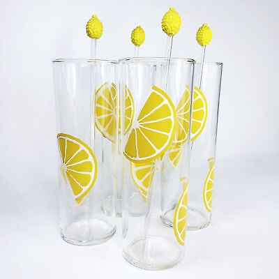 #ad 8 Vintage Libbey Lemon Wedge Slice Tall Federal Bar Glass Set amp; Swizzle Sticks