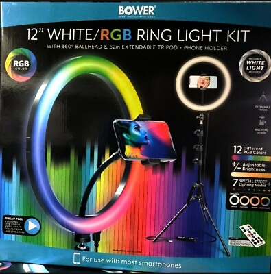 #ad Bower 12 Inch RGB White RING LIGHT KIT 360° TRIPOD Multi Color for videos