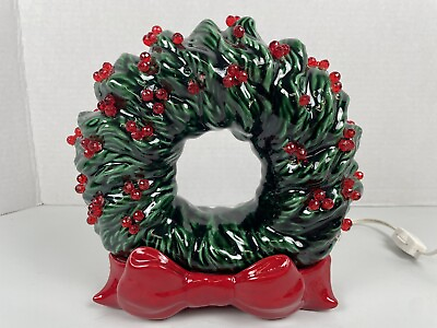 #ad Vintage Light Up Ceramic Wreath Plugs In Christmas Red Holly