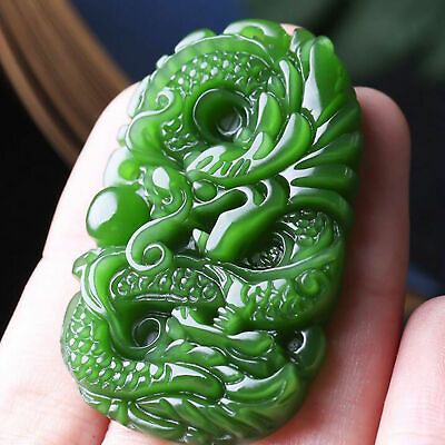 #ad Natural Green Jade Dragon Necklace Pendant Fashion Hand Carved Lucky Amulet
