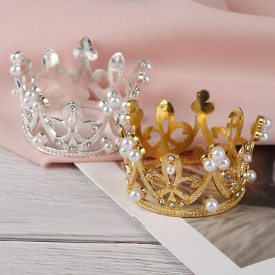 #ad Mini Gold Crown Princess Topper Crystal Pearl Tiara Hair Valentine#x27;s Day Gif
