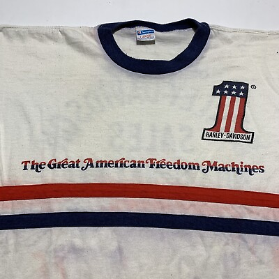 #ad Harley Davidson T shirt 70s Champion Blue Bar Freedom Machine Vintage L USA #1