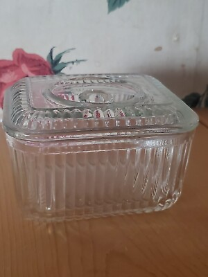 #ad Vintage Federal Glass Refrigerator Storage Container Dish with Unique Handle