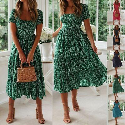 #ad Women#x27;s Boho Short Sleeve Floral Midi Dress Ladies Summer Holiday Party Sundress