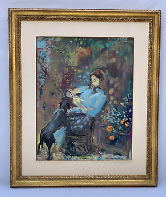 #ad ANNE MARIE JOLY FRENCH FAUVIST PAINTING A WOMAN READING BOOK IN GARDEN WITH DOG