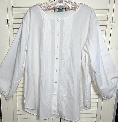 #ad NEW Plus Size 2X White Blouse Pin Tuck Top Button Cotton Shirt