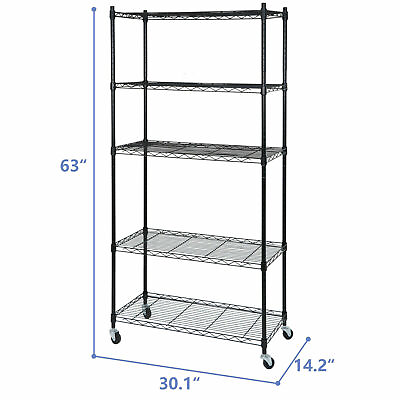 #ad 5 Tier Shelves Wire Unit Rack Large Space Storage Rolling with 4 Wheel Casters