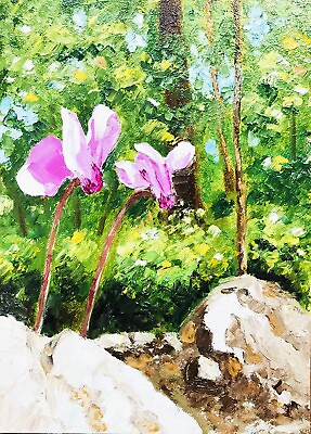 #ad Original Art Oil Impasto Painting Italy Flower Pink Cyclamen Forest Cyclamen 7x5