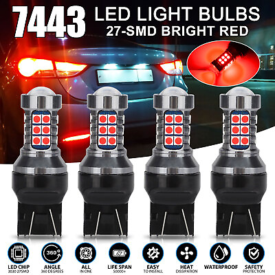 #ad #ad 4X 7443 LED Strobe Flashing Safety Alert Brake Tail Light Stop Parking Bulbs Red