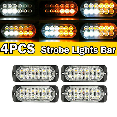 #ad 4x 12 LED Strobe Lights Bar Emergency Flashing Warning Hazard Beacon Amber White
