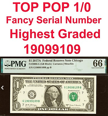 #ad 2017A $1 Federal Reserve Note PMG 66 top pop 1 0 fancy serial number 19099109