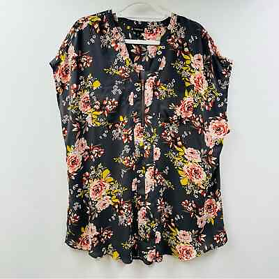 #ad Torrid Womens Black Floral Print Blouse Front Zip V Neck Top Shirt Size 2 US 2X