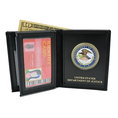 U S DOJ Justice Department Medallion Bi fold Men#x27;s Leather Wallet Black Brown