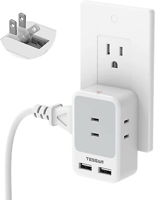 #ad Flat Wall Plug Outlet Extender 2 Prong Swivel Outlet Adapter with 3 Outlet 2 USB
