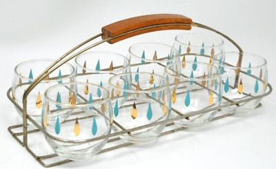 Federal MCM Turquoise Gold Roly Poly Glasses Bar Set Tear Drop Atomic Carrier