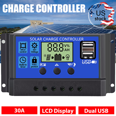 #ad 30A Solar Panel Battery Charge Controller 12V 24V LCD Regulator Auto Dual USB US