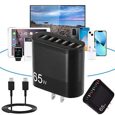 #ad 65W 5 USB Type C Fast Wall Charger PD QC3.0 Adapter Fast Charge Cable Universal