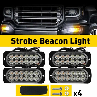 #ad 4 Flashing White Amber 12 LED Car Truck Beacon Warning Hazard Flash Strobe Light