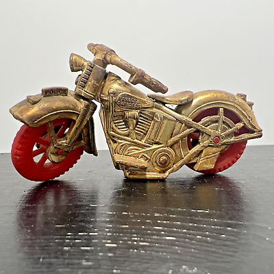 #ad Vintage Thomas Hard Plastic Police Motorcycle Harley Davidson Gold w Red Wheels