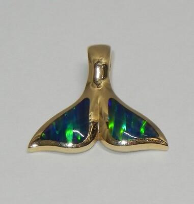 #ad 14K Gold Whale Tail Pendant Opal Inlay 2.6 Grams Dolphin or Mermaid Gold Charm