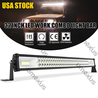 #ad 32 Inch LED LIGHT BAR Tri Row Spot Flood Combo For Jeep Truck Offroad ATV SUV