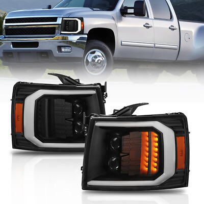 #ad Pair LED DRL Tube Projector Headlight For 07 14 Chevy Silverado 1500 2500 3500