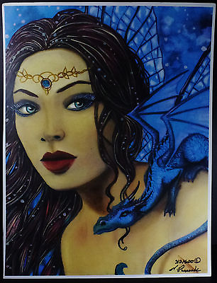 #ad Blue Dragon Fairy Woman Signed Numbere Print Renaissance Queen Valkyrie Sapphire