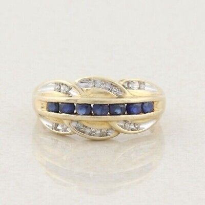 #ad 10k Yellow Gold Natural Blue Sapphire and Diamond Ring Size 7 1 4