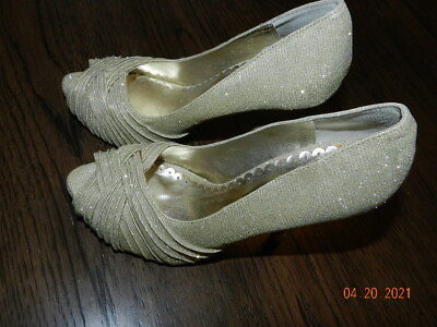 #ad Lulu Townsend Gold Glitter Peep toe slip on ￼ high Heels Women#x27;s Shoes Size 7 M
