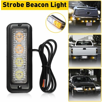 #ad 4 LED Truck Emergency Beacon Warning Hazard Flash Strobe Light Amber White EXC
