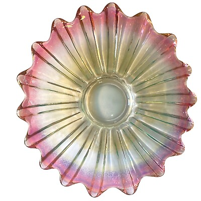 #ad #ad Vintage Federal Glass Scalloped Edge Serving Iridescent Dish Pink Gold amp; Clear