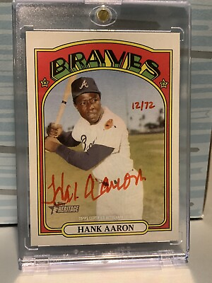 #ad 2021 Topps Heritage Hank Aaron Real One Red ink Auto #12 72 On Card HOF Braves