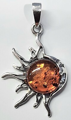 #ad Sun Crescent Moon Amber Pendant 925 Sterling Silver Genuine Brown Amber New # 1
