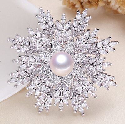 #ad Natural 9 10mm White Pearl Crystal Snowflake Brooches 18KGP For Women
