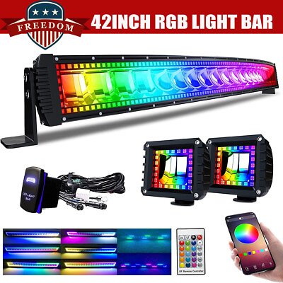 #ad 42quot;inch Curved 240W RGB LED Light Bar Spot Flood Combo 4quot; RGB Pods for 4X4 ATV